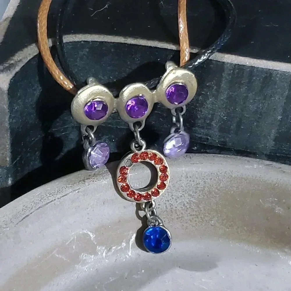 Rustic Antique Bronze Rhinestones Round Dangles Pendant Necklace Vegan Leather